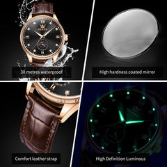OLEVS 7039 Leather Moon Phase Mechanical Watch For Men - Rose Gold Black Watch | Olevs Watch Store