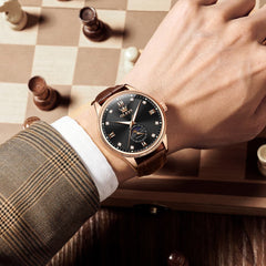 OLEVS 7039 Leather Moon Phase Mechanical Watch For Men - Rose Gold Black Watch | Olevs Watch Store