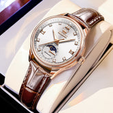 OLEVS 7039 Leather Moon Phase Mechanical Watch For Women - Rose Gold White Watch | Olevs Watch Store