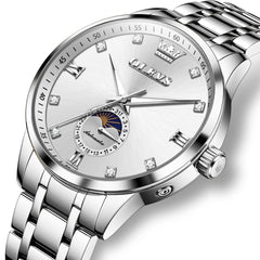 OLEVS 7041 Solid Steel Moon Phase Automatic Watch For Men - Silver Black Watch | Olevs Watch Store