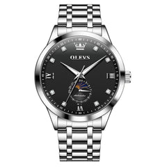 OLEVS 7041 Solid Steel Moon Phase Automatic Watch For Men - Silver Black Watch | Olevs Watch Store
