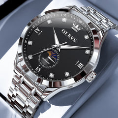 OLEVS 7041 Solid Steel Moon Phase Automatic Watch For Men - Silver Black Watch | Olevs Watch Store
