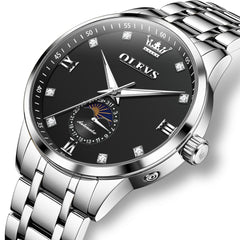 OLEVS 7041 Solid Steel Moon Phase Automatic Watch For Men - Silver Black Watch | Olevs Watch Store