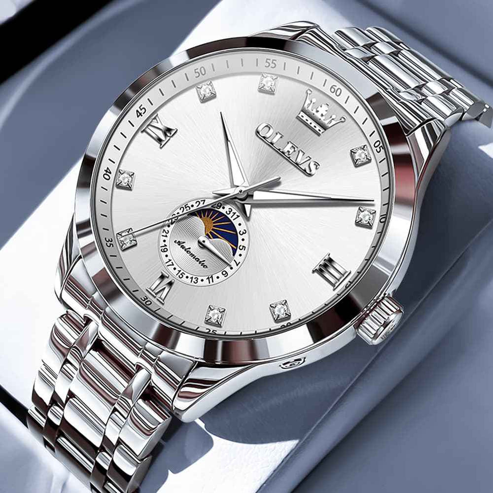 OLEVS 7041 – Men's Solid Steel Moon Phase Automatic Watch