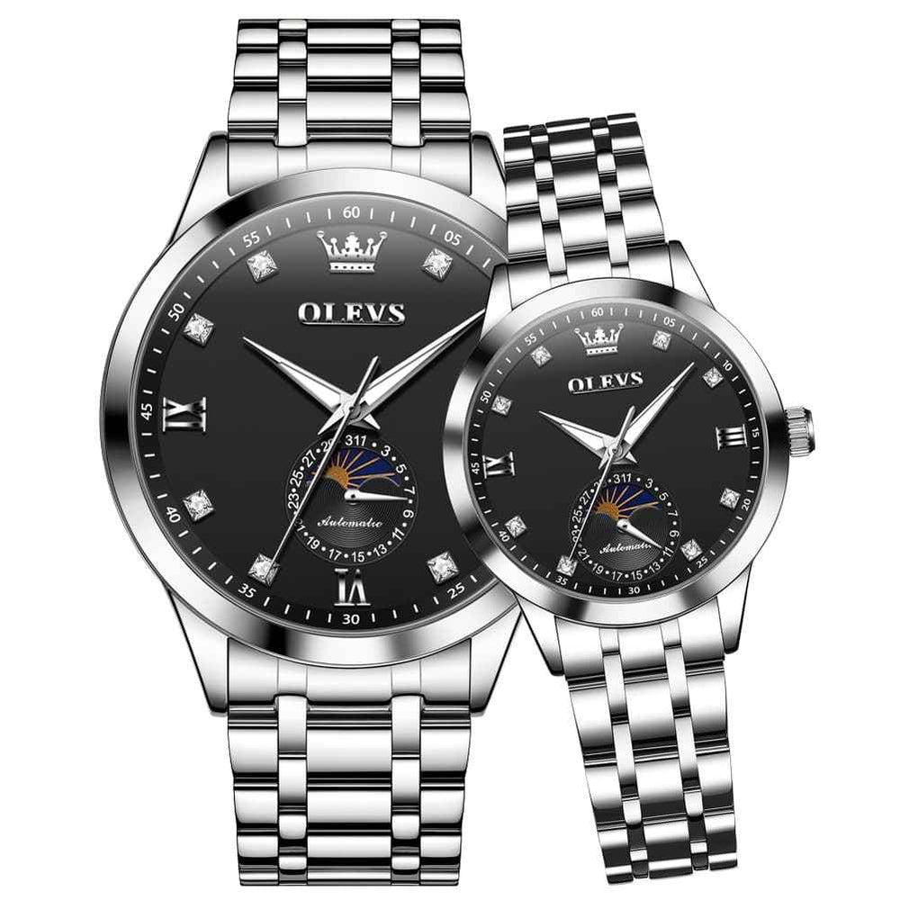 OLEVS 7041 – Couples' Solid Steel Moon Phase Watch Set