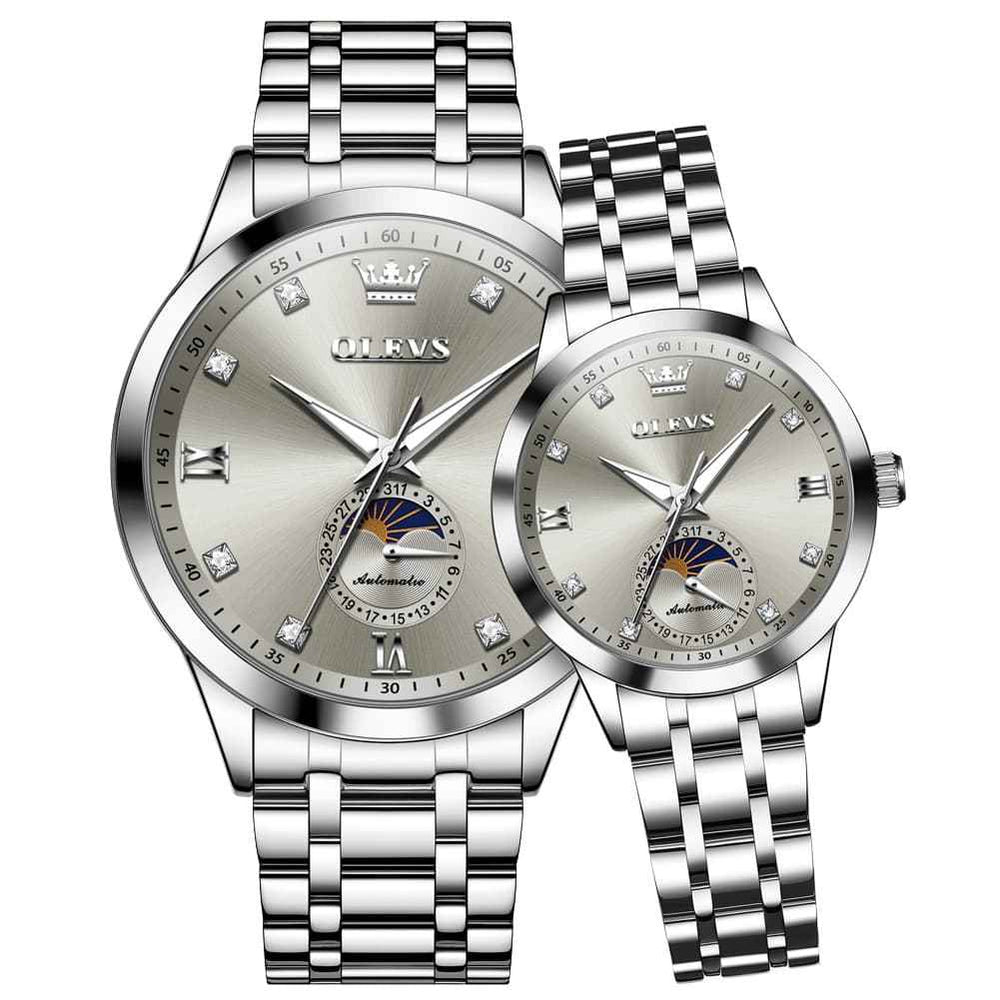 OLEVS 7041 – Couples' Solid Steel Moon Phase Watch Set