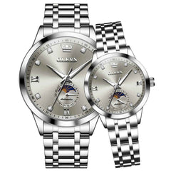 OLEVS 7041 – Couples' Solid Steel Moon Phase Watch Set
