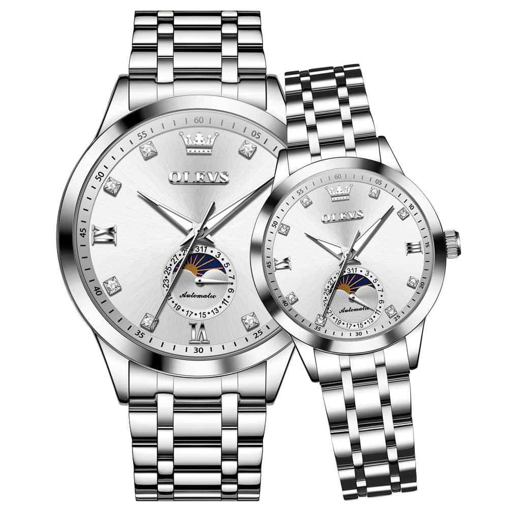 OLEVS 7041 – Couples' Solid Steel Moon Phase Watch Set