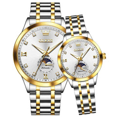 OLEVS 7041 – Couples' Solid Steel Moon Phase Watch Set