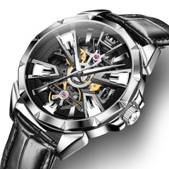 OLEVS 7051 Skeleton Racing Mechanical Watch For Men - Silver Black Watch | Olevs Watch Store