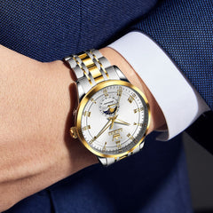 OLEVS 7063 Diamond Moon Phase Automatic Watch For Men - Two Tone White Watch | Olevs Watch Store