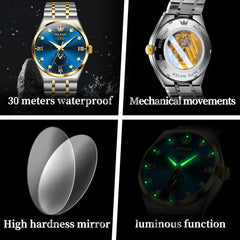 OLEVS 7069 Octagonal Moon Phase Automatic Watch For Men - Two Tone Blue Watch | Olevs Watch Store