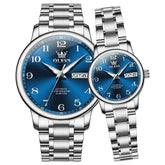 OLEVS 7072 Arabic Numeral Automatic Couples Watch Set - Silver Blue Watch | Olevs Watch Store