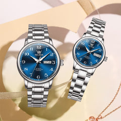OLEVS 7072 Arabic Numeral Automatic Couples Watch Set - Two Tone Blue Watch | Olevs Watch Store