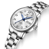 OLEVS 7072 Arabic Numeral Dual Calendar Automatic Watch For Women - Silver White Watch | Olevs Watch Store