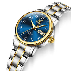 OLEVS 7072 Arabic Numeral Dual Calendar Automatic Watch For Women - Two Tone Blue Watch | Olevs Watch Store