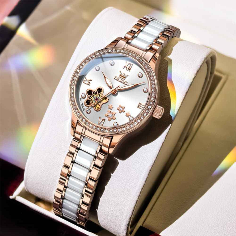 OLEVS 7074 – Women's Ceramic Open Heart Automatic Watch