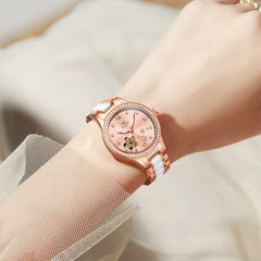 OLEVS 7074 Ceramic Open Heart Automatic Watch For Women - Rose Gold White Watch | Olevs Watch Store