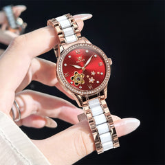 OLEVS 7074 Ceramic Open Heart Automatic Watch For Women - Rose Gold White Watch | Olevs Watch Store