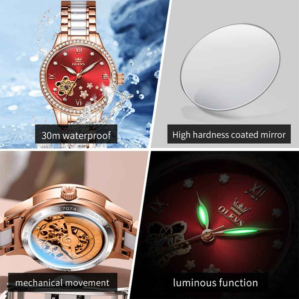 OLEVS 7074 – Women's Ceramic Open Heart Automatic Watch