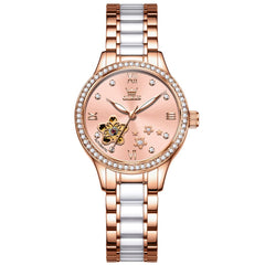 OLEVS 7074 Ceramic Open Heart Automatic Watch For Women - Rose Gold White Watch | Olevs Watch Store