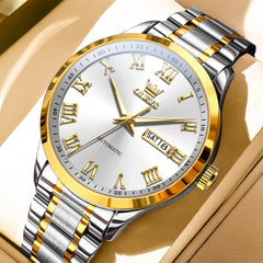 OLEVS 7075 Roman Numeral Dual Calendar Automatic Watch For Men - Two Tone White Watch | Olevs Watch Store
