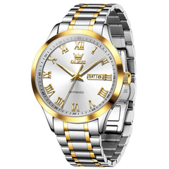 OLEVS 7075 Roman Numeral Dual Calendar Automatic Watch For Men - Two Tone White Watch | Olevs Watch Store