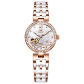 OLEVS 7086 Ceramic Heart Open Heart Automatic Watch For Women - Rose Gold White Watch | Olevs Watch Store