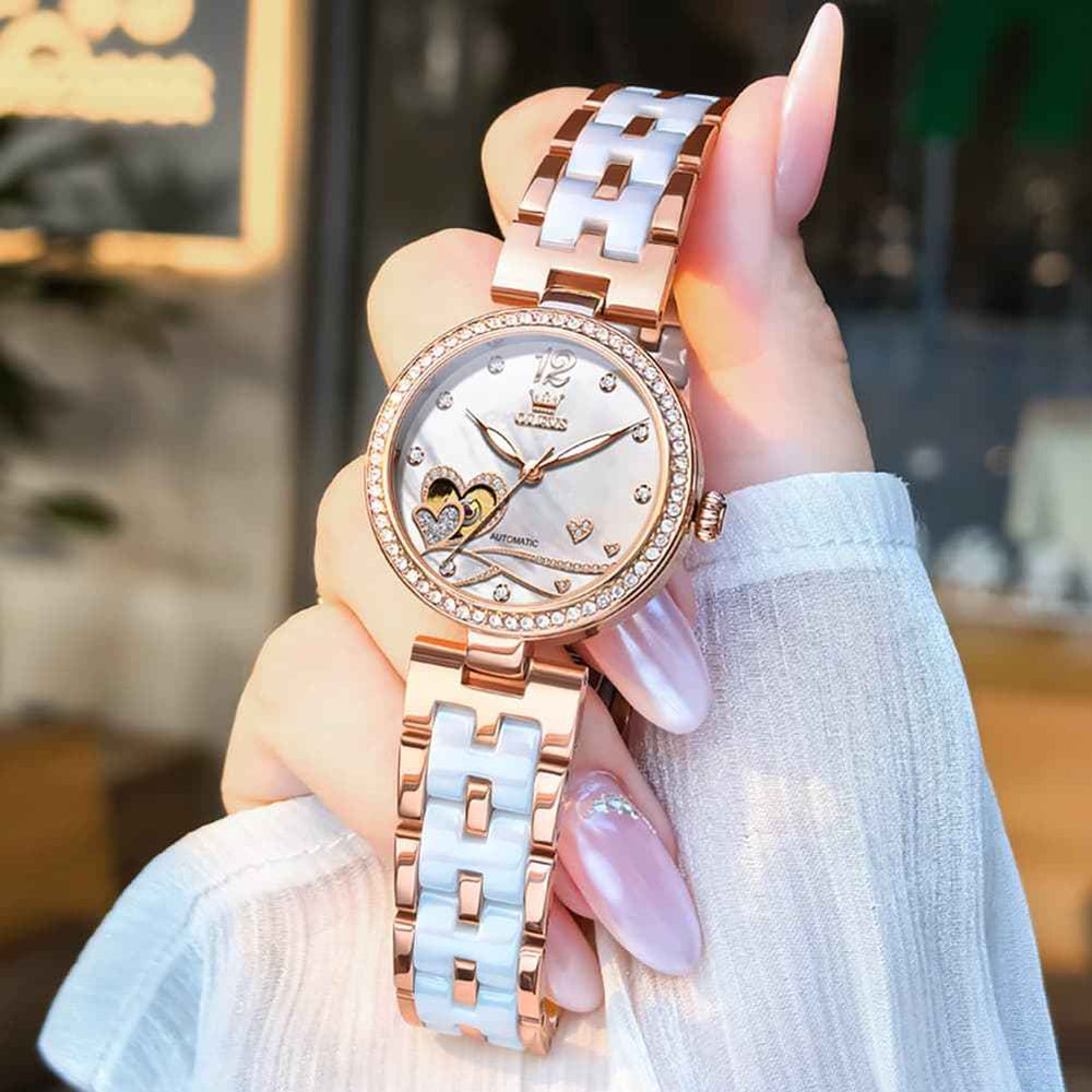 OLEVS 7086 – Women's Ceramic Heart Open Heart Automatic Watch
