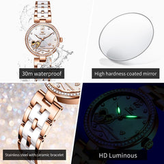 OLEVS 7086 Ceramic Heart Open Heart Automatic Watch For Women - Silver White Watch | Olevs Watch Store