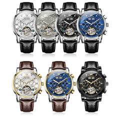 OLEVS 7088 Open Heart Leather Automatic Watch For Men - Silver Blue (Black Leather) Watch | Olevs Watch Store