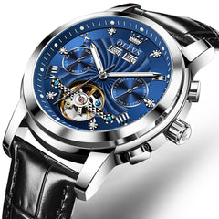 OLEVS 7088 Open Heart Leather Automatic Watch For Men - Silver Blue (Black Leather) Watch | Olevs Watch Store