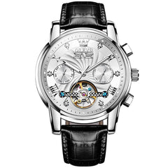 OLEVS 7088 Open Heart Leather Automatic Watch For Men - Silver Blue (Black Leather) Watch | Olevs Watch Store