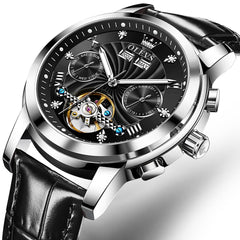 OLEVS 7088 Open Heart Leather Automatic Watch For Men - Silver Blue (Black Leather) Watch | Olevs Watch Store