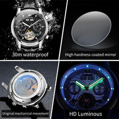 OLEVS 7088 Open Heart Leather Automatic Watch For Men - Silver Blue (Black Leather) Watch | Olevs Watch Store