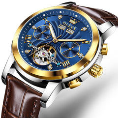 OLEVS 7088 Open Heart Leather Automatic Watch For Men - Silver Blue (Black Leather) Watch | Olevs Watch Store