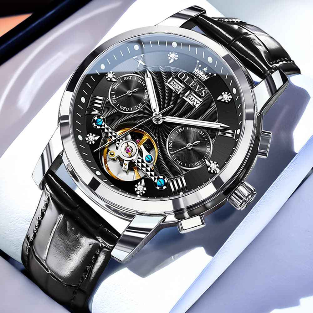 OLEVS 7088 – Men's Open Heart Leather Automatic Watch