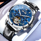 OLEVS 7088 Open Heart Leather Automatic Watch For Men - Silver Blue (Black Leather) Watch | Olevs Watch Store