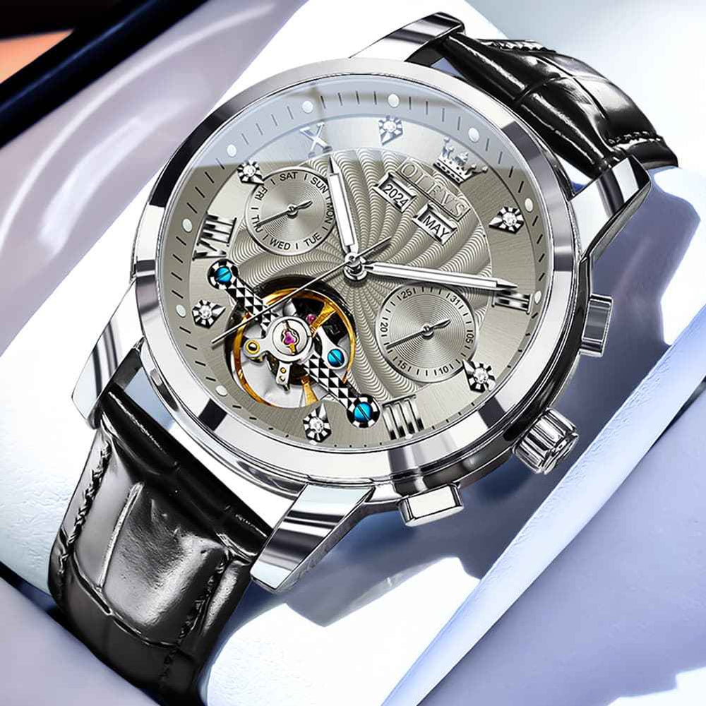 OLEVS 7088 – Men's Open Heart Leather Automatic Watch