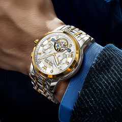 OLEVS 7088 Open Heart Roman Numeral Automatic Watch For Men - Black Gold Watch | Olevs Watch Store