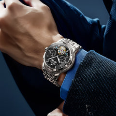 OLEVS 7088 Open Heart Roman Numeral Automatic Watch For Men - Black Gold Watch | Olevs Watch Store