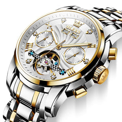 OLEVS 7088 Open Heart Roman Numeral Automatic Watch For Men - Black Gold Watch | Olevs Watch Store