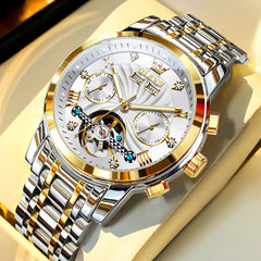 OLEVS 7088 Open Heart Roman Numeral Automatic Watch For Men - Two Tone White Watch | Olevs Watch Store