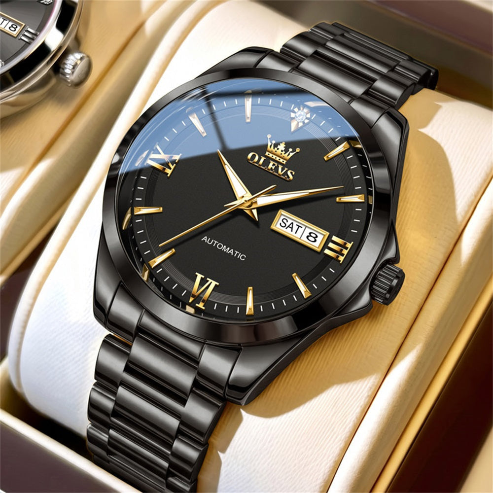 all black automatic day date watch for men - OLEVS 7099