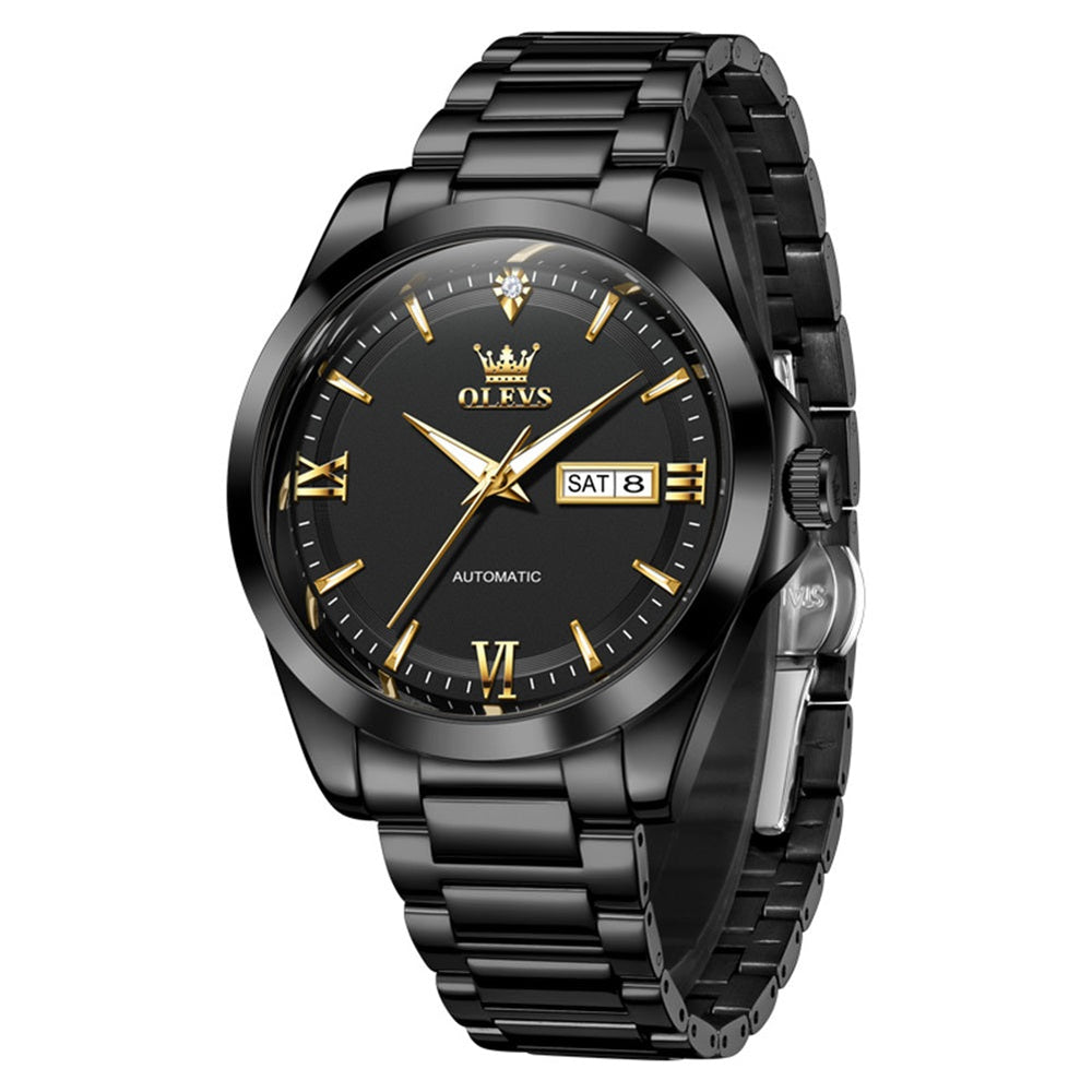 all black automatic watch full view - OLEVS 7099