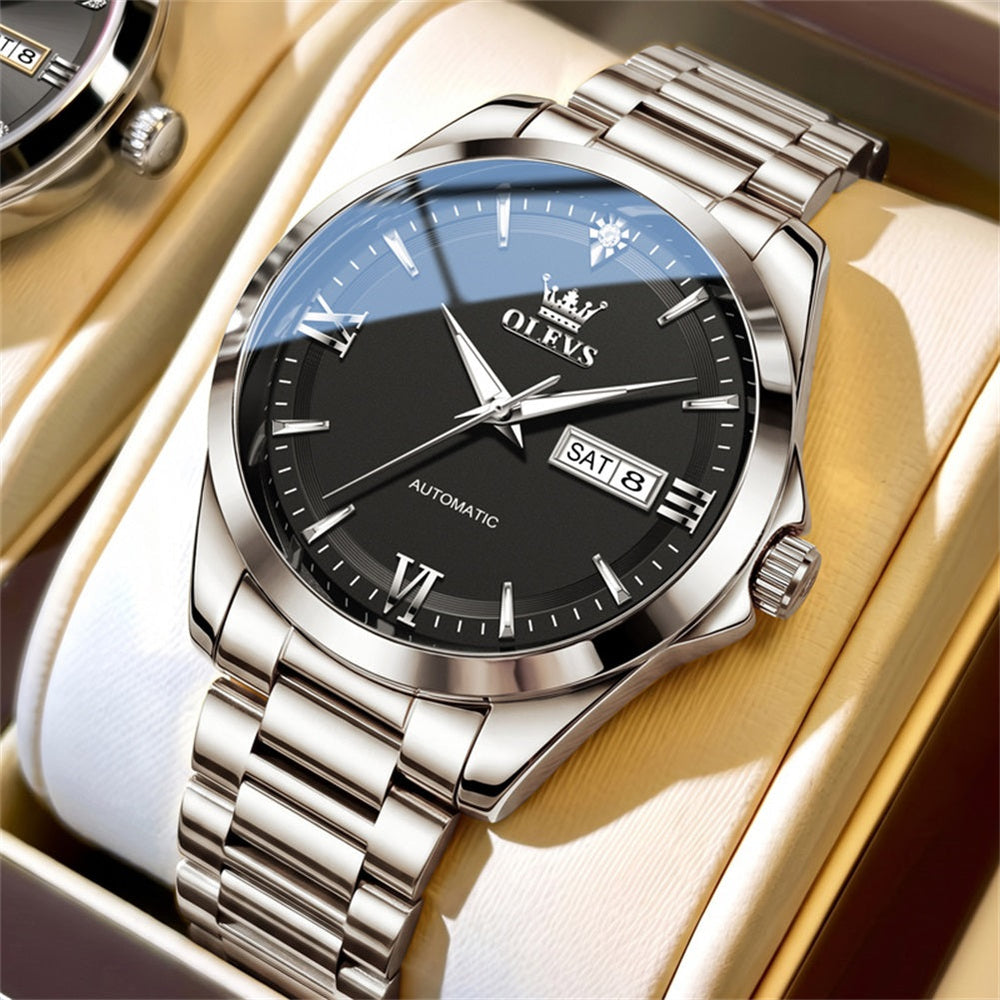 silver black automatic day date watch for men - OLEVS 7099