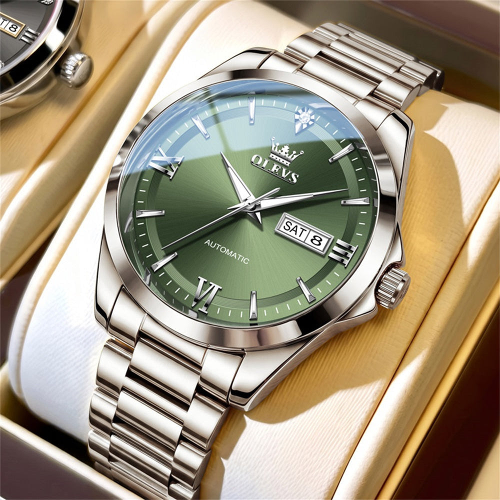 silver green automatic day date watch for men - OLEVS 7099