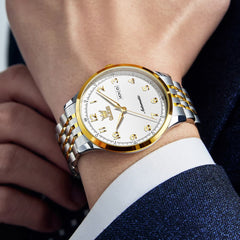 OLEVS 7100 Arabic Numeral Dual Calendar Automatic Watch For Men - Two Tone White Watch | Olevs Watch Store