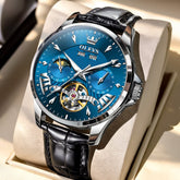 OLEVS 7103 Open Heart Leather Automatic Watch For Men - Silver Blue Watch | Olevs Watch Store