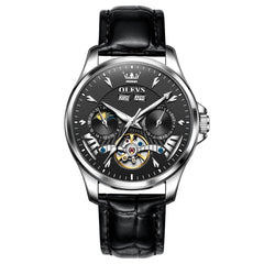 OLEVS 7103 Open Heart Leather Automatic Watch For Men - Silver White Watch | Olevs Watch Store